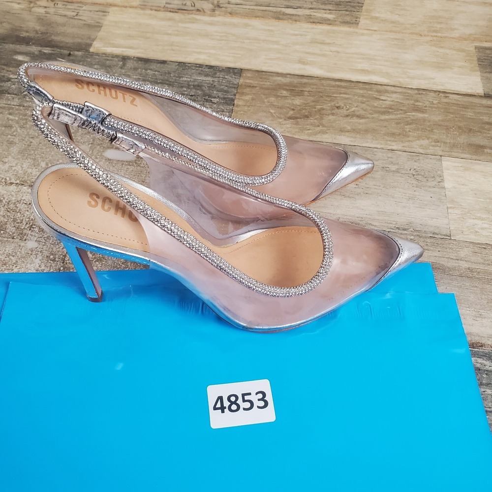 Schutz Audrey Womens Pumps Sz 7.5 B Silver Cristal Leather Slingback High Heels - Picture 13 of 13